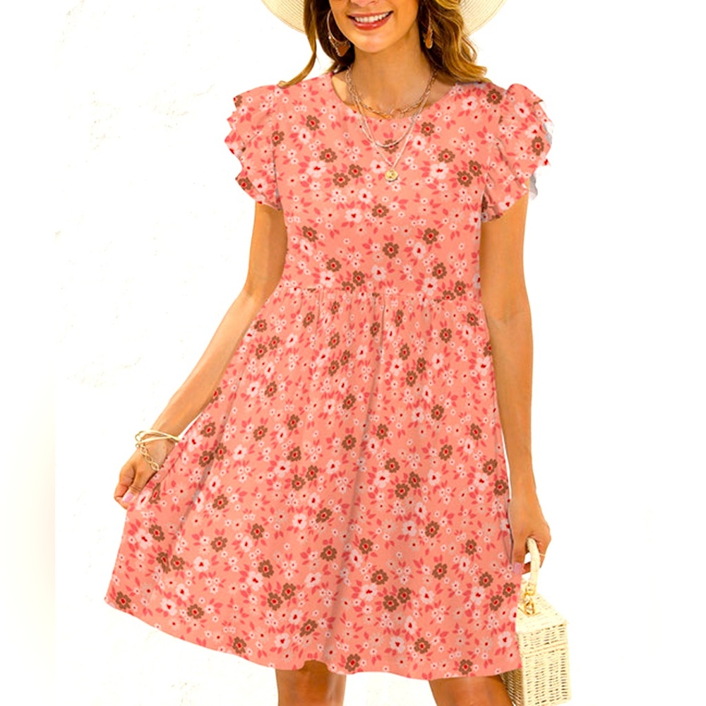 Pink Daisy Layered Flutter Sleeve Women’s Dress 1X